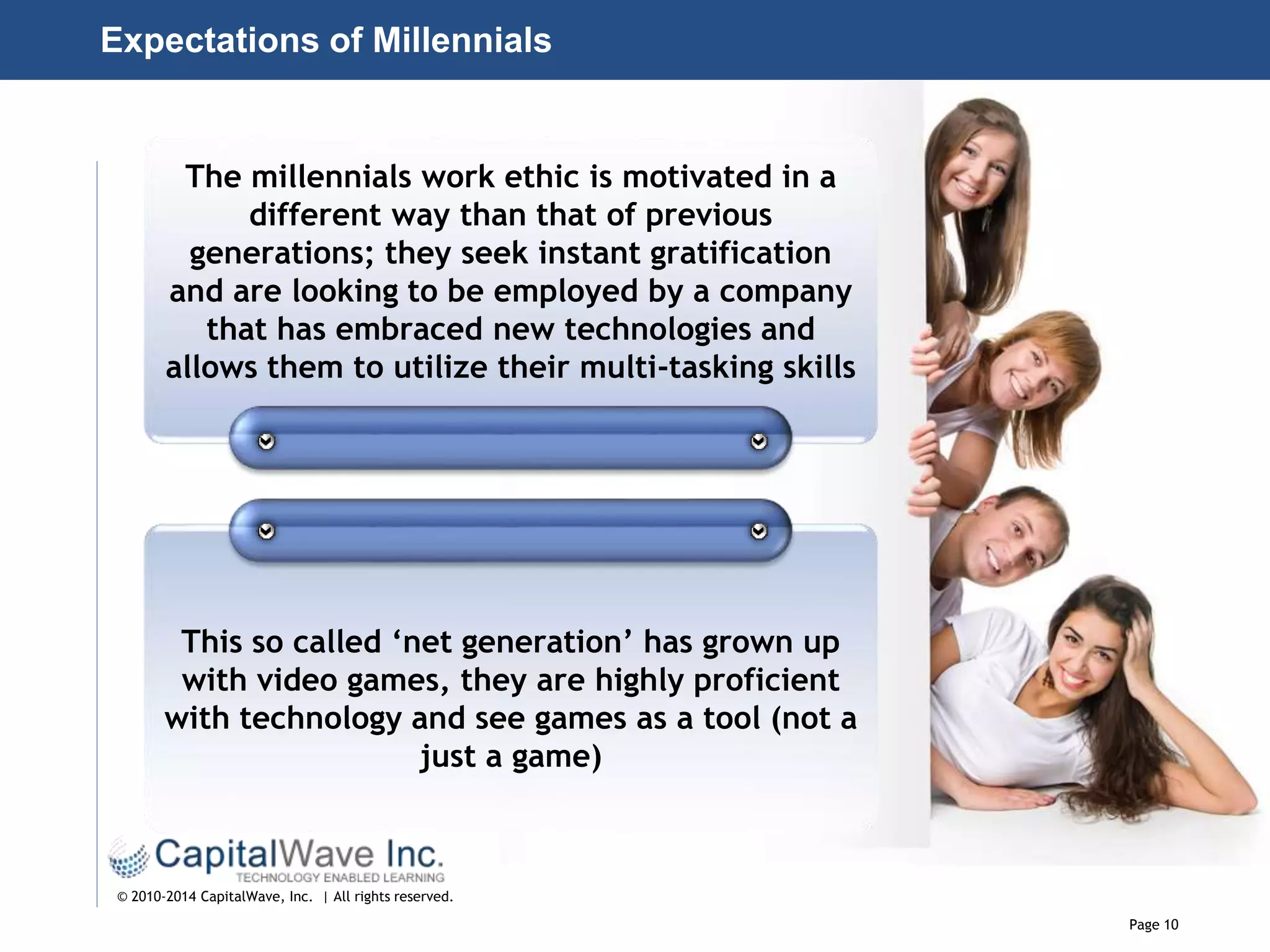 Page 10
© 2010-2014 CapitalWave, Inc. | All rights reserved.
Expectations of Millennials
This so called ‘net generation’ has grown up
with video games, they are highly proficient
with technology and see games as a tool (not a
just a game)
The millennials work ethic is motivated in a
different way than that of previous
generations; they seek instant gratification
and are looking to be employed by a company
that has embraced new technologies and
allows them to utilize their multi-tasking skills
 