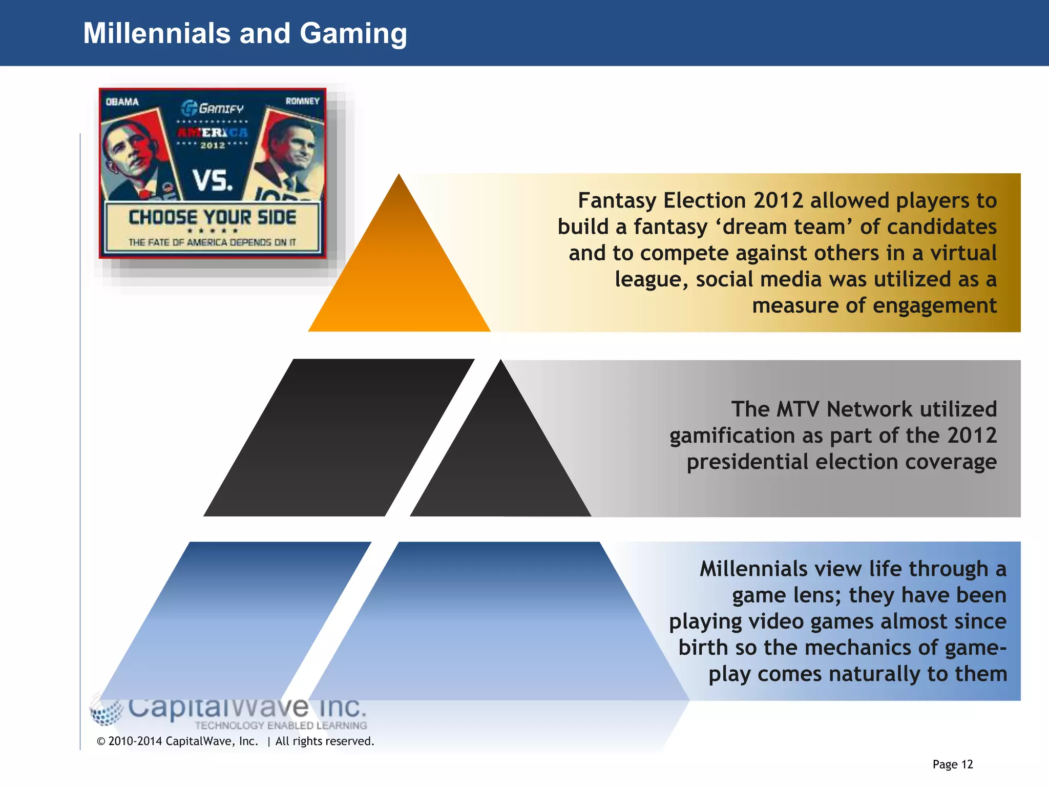 Page 12
© 2010-2014 CapitalWave, Inc. | All rights reserved.
The MTV Network utilized
gamification as part of the 2012
presidential election coverage
Fantasy Election 2012 allowed players to
build a fantasy ‘dream team’ of candidates
and to compete against others in a virtual
league, social media was utilized as a
measure of engagement
Millennials and Gaming
Millennials view life through a
game lens; they have been
playing video games almost since
birth so the mechanics of game-
play comes naturally to them
 