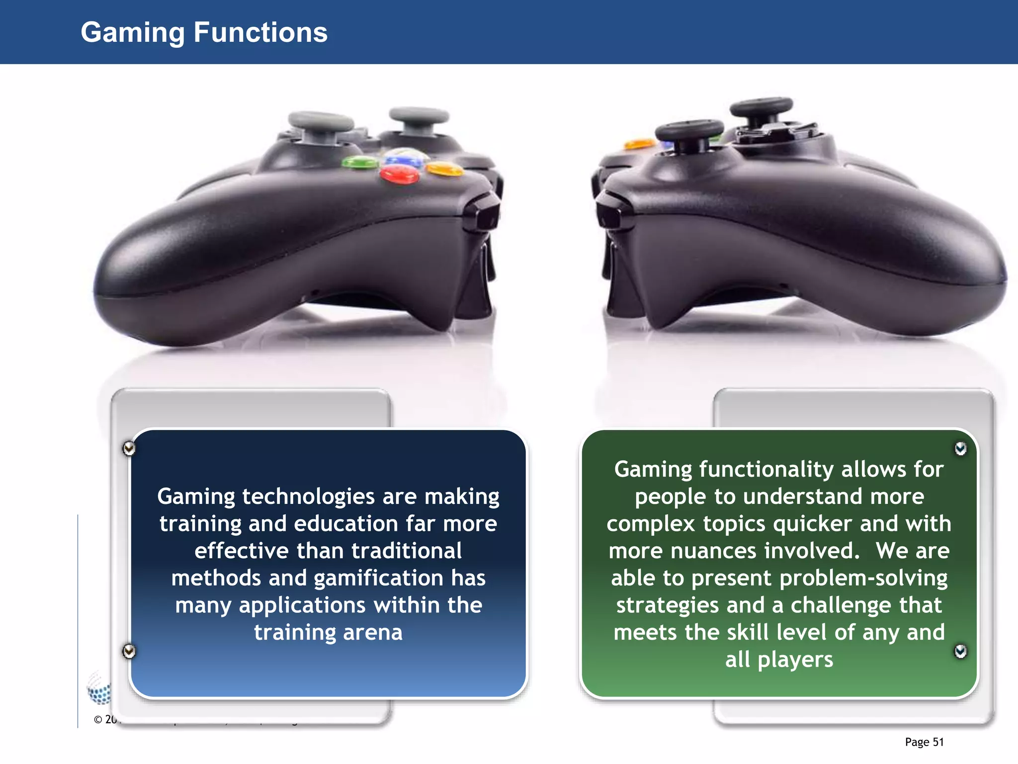 Page 51
© 2010-2014 CapitalWave, Inc. | All rights reserved.
Gaming Functions
Gaming technologies are making
training and education far more
effective than traditional
methods and gamification has
many applications within the
training arena
Gaming functionality allows for
people to understand more
complex topics quicker and with
more nuances involved. We are
able to present problem-solving
strategies and a challenge that
meets the skill level of any and
all players
 