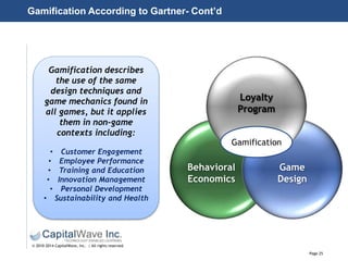 Page 25
© 2010-2014 CapitalWave, Inc. | All rights reserved.
Gamification According to Gartner- Cont’d
Gamification describes
the use of the same
design techniques and
game mechanics found in
all games, but it applies
them in non-game
contexts including:
• Customer Engagement
• Employee Performance
• Training and Education
• Innovation Management
• Personal Development
• Sustainability and Health
Behavioral
Economics
Game
Design
Loyalty
Program
Gamification
 