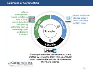 Page 3
© 2010-2014 CapitalWave, Inc. | All rights reserved.
Examples of Gamification
Examples
Offers additional
storage space if
users complete
certain tasks
A farm
management
based simulation
with a point
system based on
completing
activities such as
harvesting crops
and raising
livestock
Encourages members to maintain accurate
profiles by rewarding them with a particular
status based on the amount of information
they have entered
 