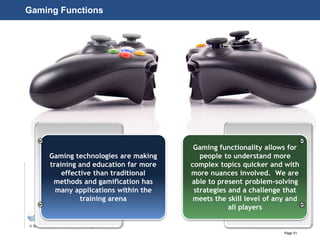 Page 51
© 2010-2014 CapitalWave, Inc. | All rights reserved.
Gaming Functions
Gaming technologies are making
training and education far more
effective than traditional
methods and gamification has
many applications within the
training arena
Gaming functionality allows for
people to understand more
complex topics quicker and with
more nuances involved. We are
able to present problem-solving
strategies and a challenge that
meets the skill level of any and
all players
 