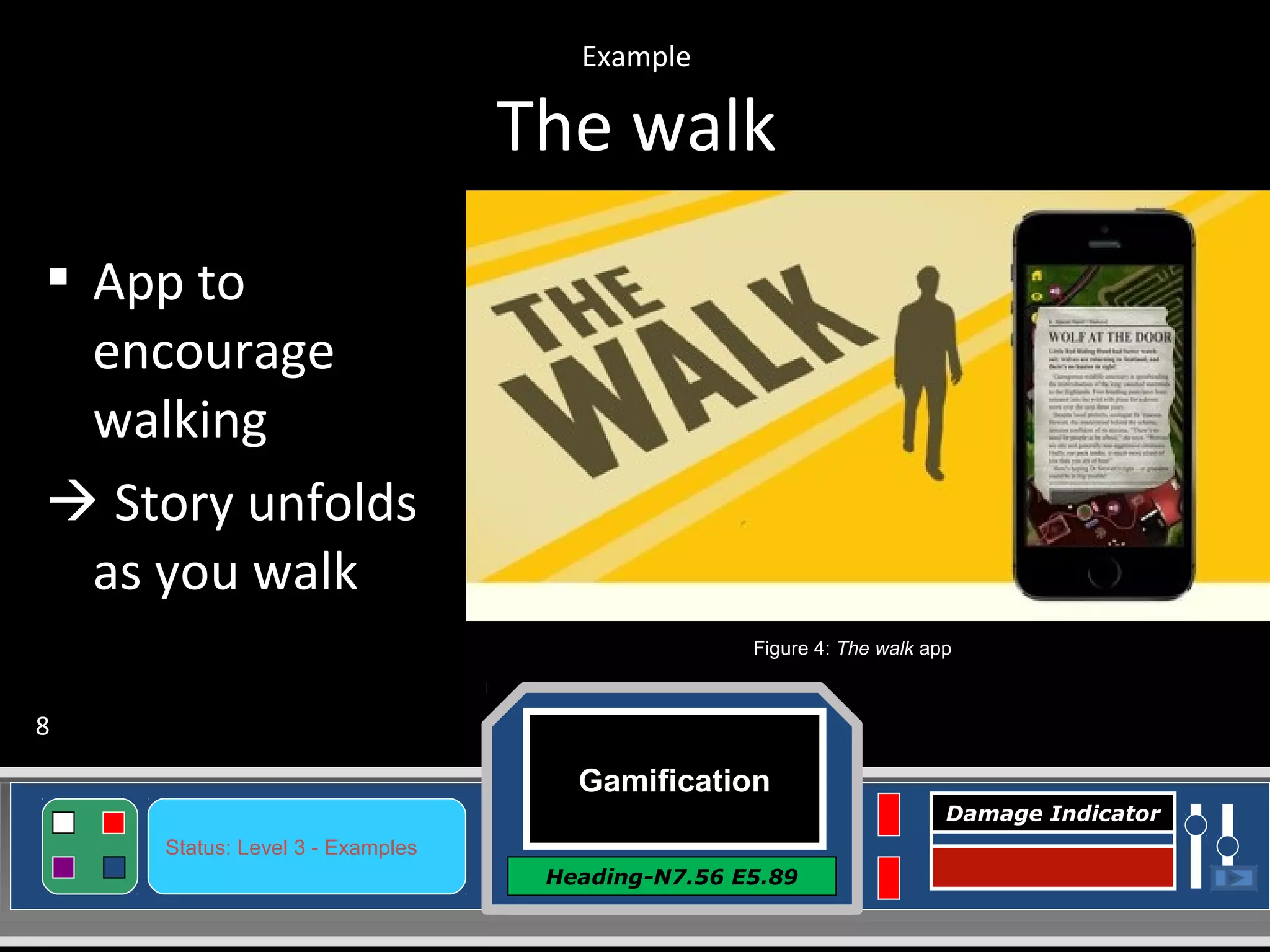 Gamification
Heading-N7.56 E5.89
Status: Level 3 - Examples
Damage Indicator
Example
The walk
 App to
encourage
walking
 Story unfolds
as you walk
Figure 4: The walk app
8
 