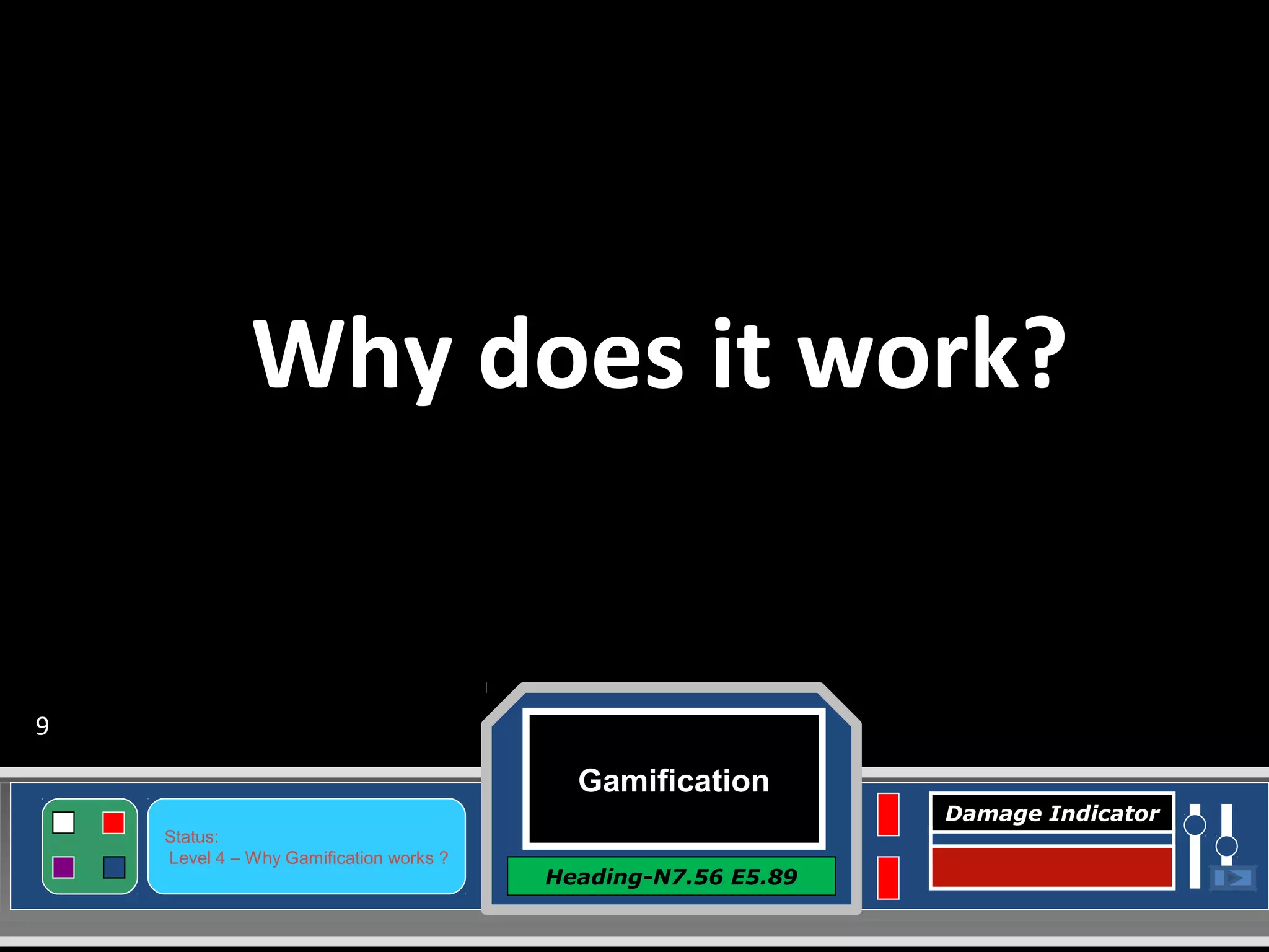 Gamification
Heading-N7.56 E5.89
Status:
Level 4 – Why Gamification works ?
Damage Indicator
Why does it work?
9
 