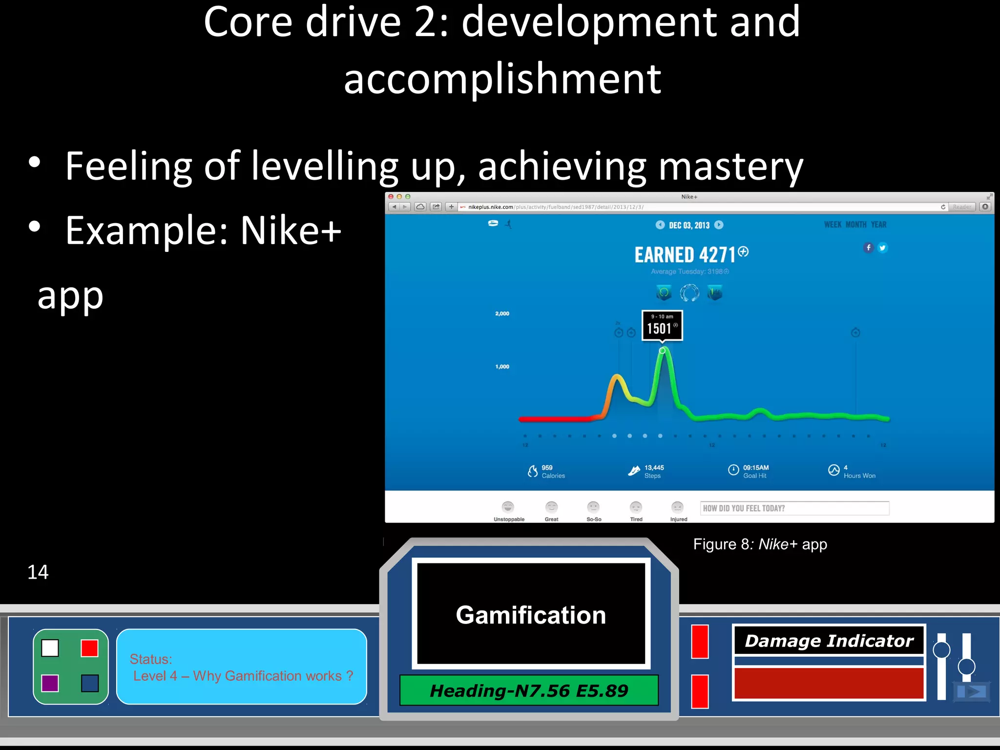 Gamification
Heading-N7.56 E5.89
Status:
Level 4 – Why Gamification works ?
Damage Indicator
Core drive 2: development and
accomplishment
• Feeling of levelling up, achieving mastery
• Example: Nike+
app
Figure 8: Nike+ app
14
 