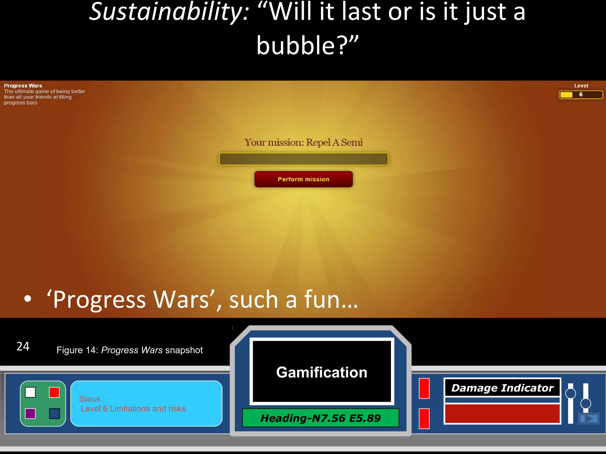 Gamification
Heading-N7.56 E5.89
Status:
Level 6 Limitations and risks
Damage Indicator
• ‘Progress Wars’, such a fun…
Sustainability: “Will it last or is it just a
bubble?”
Figure 14: Progress Wars snapshot24
 
