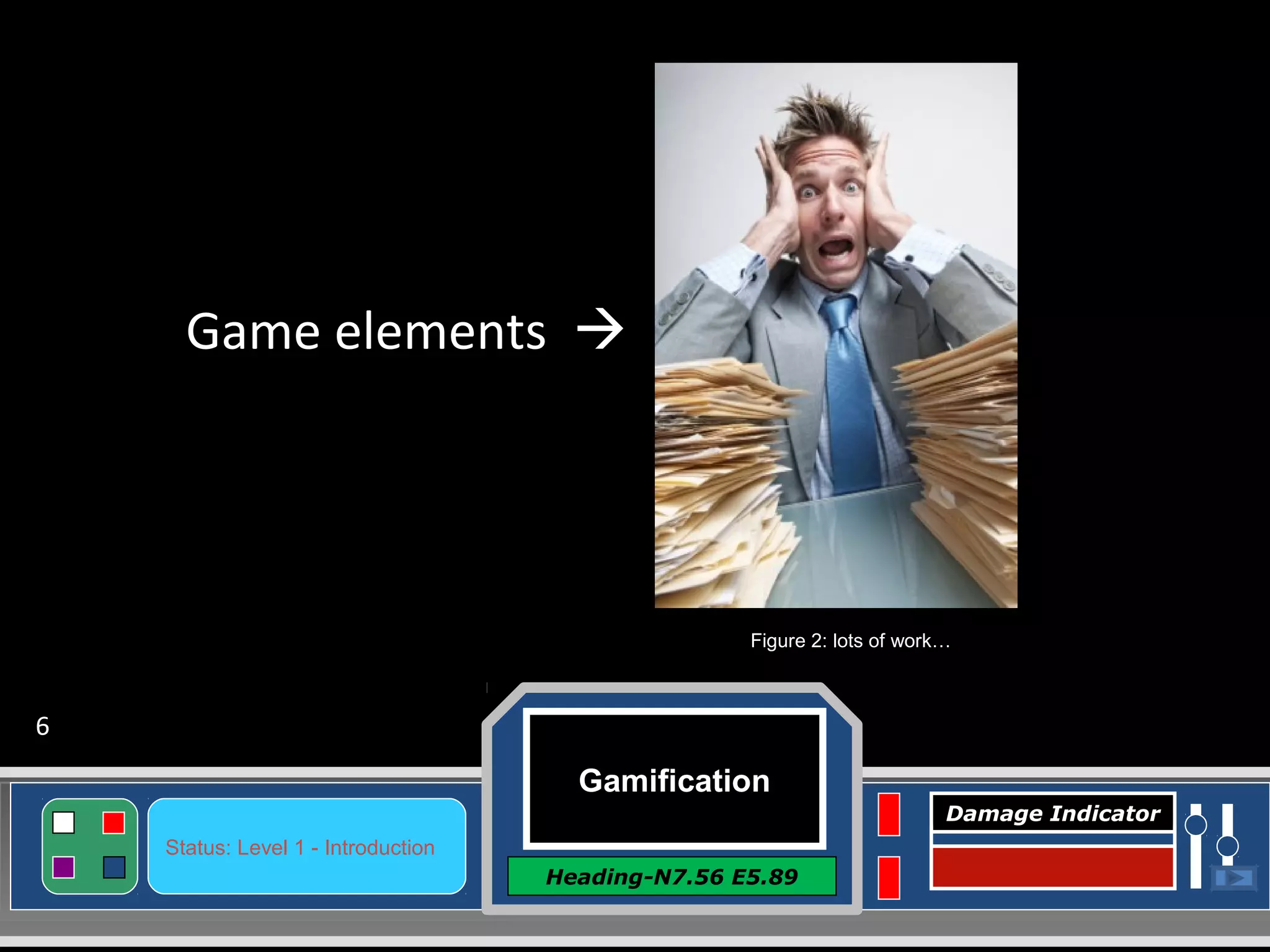 Gamification
Heading-N7.56 E5.89
Status: Level 1 - Introduction
Damage Indicator
Game elements 
Figure 2: lots of work…
6
 