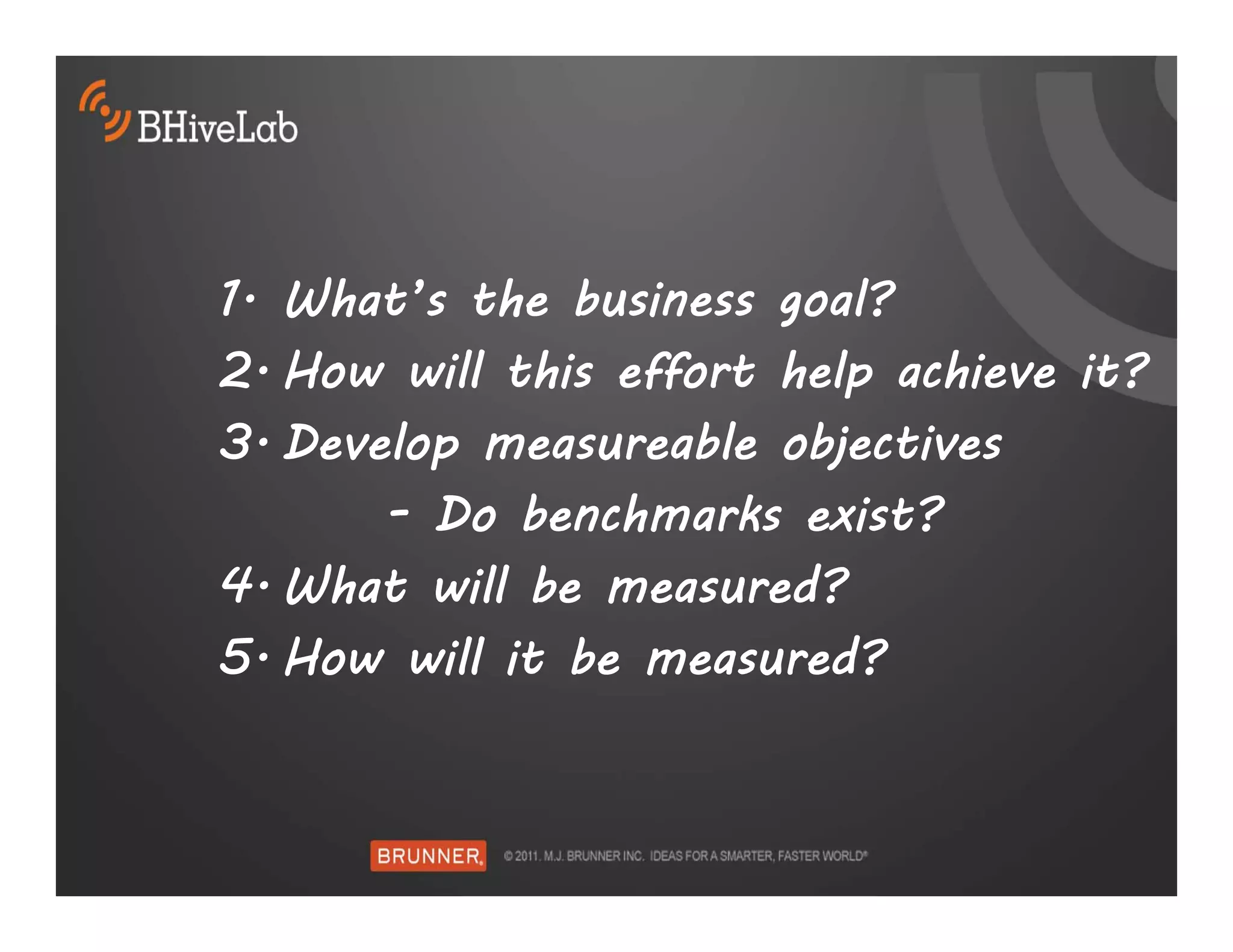1. What’s the business goal?
2. How will this effort help achieve it?
3. Develop measureable objectives
       - Do benchmarks exist?
4. What will be measured?
5. How will it be measured?
 