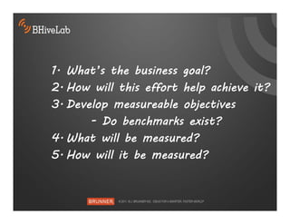 1. What’s the business goal?
2. How will this effort help achieve it?
3. Develop measureable objectives
       - Do benchmarks exist?
4. What will be measured?
5. How will it be measured?
 