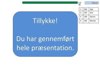 Tillykke!
Du har gennemført
hele præsentation.
500 pts
1. 500 Dig!
2. 265 Ann
3. 240 Dennis
4. 185 Morten
Lvl
10
 