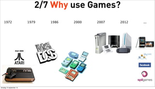 2/7 Why use Games?
1972 
 

dinsdag 10 september 13

1979 
 

1986 
 

2000 
 

2007 
 

2012 
 

...

 