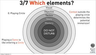 3/7 Which elements?
Visual
0. Playing Circle

Objective
Tactics
Story
Mastery

DO NOT
DISTURB
Playing a Game is
like entering a Circle

dinsdag 10 september 13

Context outside the
playing circle
determines the
potential
immersion!

 