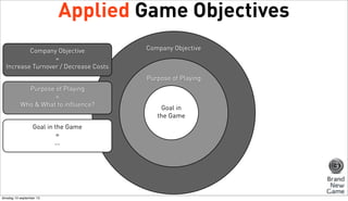 Applied Game Objectives
Company Objective
=
Increase Turnover / Decrease Costs

Company Objective

Purpose of Playing
Purpose of Playing
=
Who & What to influence?
Goal in the Game
=
...

dinsdag 10 september 13

Goal in
the Game

 