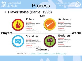 Process
• Player styles (Bartle, 1996)
World
Interact
Players
Act
Bartle Test: http://matthewbarr.co.uk/bartle/
 