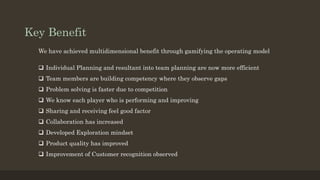 Key Benefit 
We have achieved multidimensional benefit through gamifying the operating model 
 Individual Planning and resultant into team planning are now more efficient 
 Team members are building competency where they observe gaps 
 Problem solving is faster due to competition 
 We know each player who is performing and improving 
 Sharing and receiving feel good factor 
 Collaboration has increased 
 Developed Exploration mindset 
 Product quality has improved 
 Improvement of Customer recognition observed 
