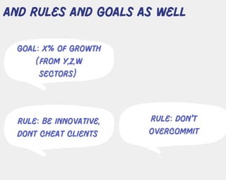 and rules and goals as well
goal: X% of growth
(from Y,z,W
sectors)
rule: Be innovative,
dont cheat clients
rule: don't
overcommit
 