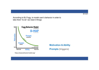 @nzagalo
According to BJ Fogg, to model user’s behavior in order to
take them “to do” we need 3 things:
https://www.behaviormodel.org/
Motivation & Ability
Prompts (triggers)
 