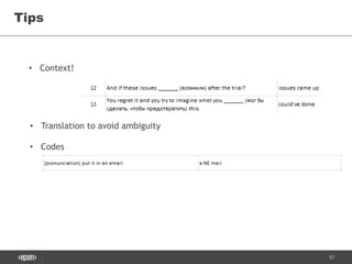 57
Tips
• Context!
• Translation to avoid ambiguity
• Codes
 