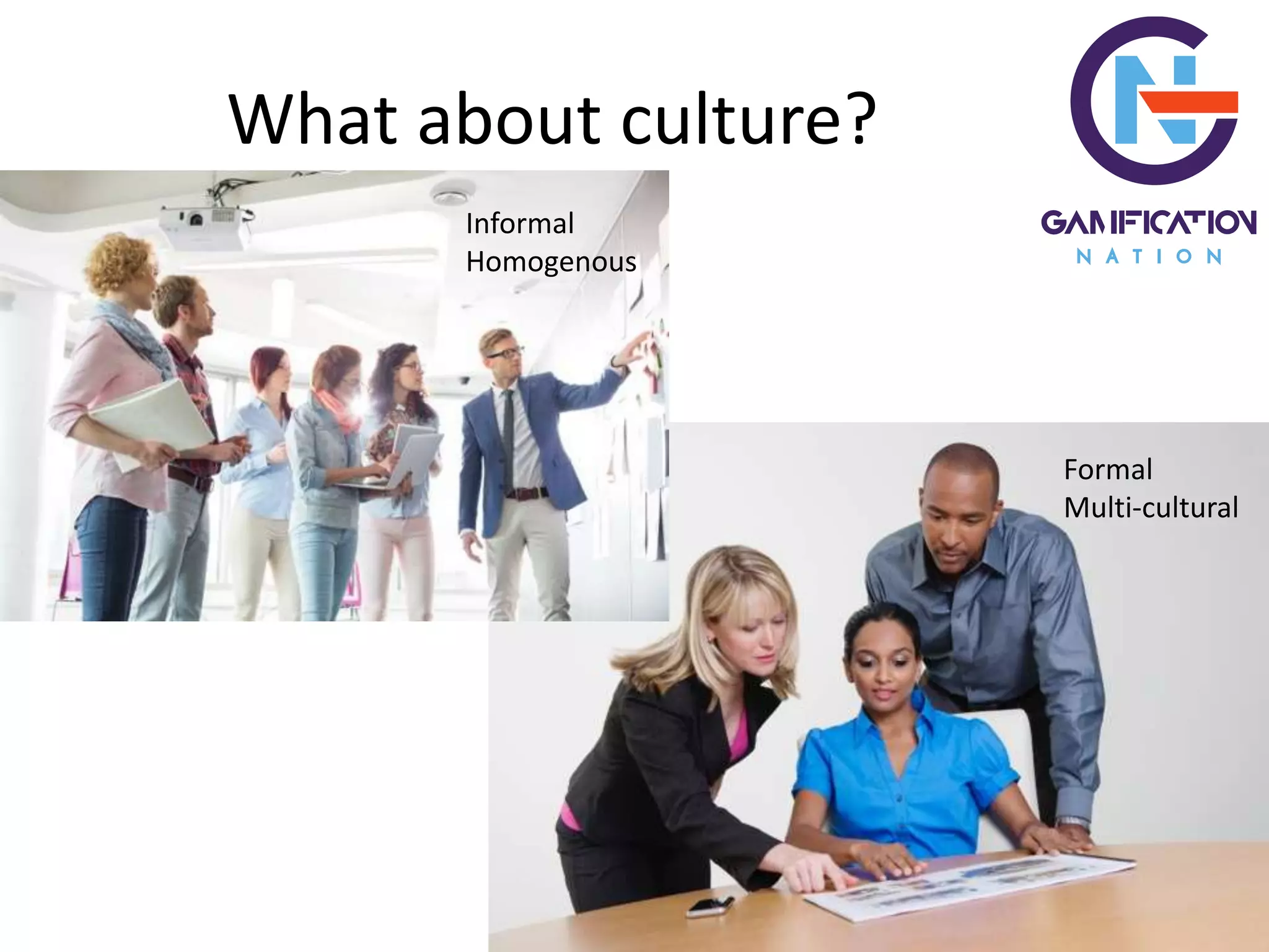 What about culture?
Informal
Homogenous
Formal
Multi-cultural
 