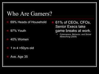Who Are Gamers? 69% Heads of Household 97% Youth 40% Women 1 in 4 >50yrs old Ave. Age 35 61% of CEOs, CFOs, Senior Execs take game breaks at work. Cyberspace, Behavior, and Social Networking  (2009) 