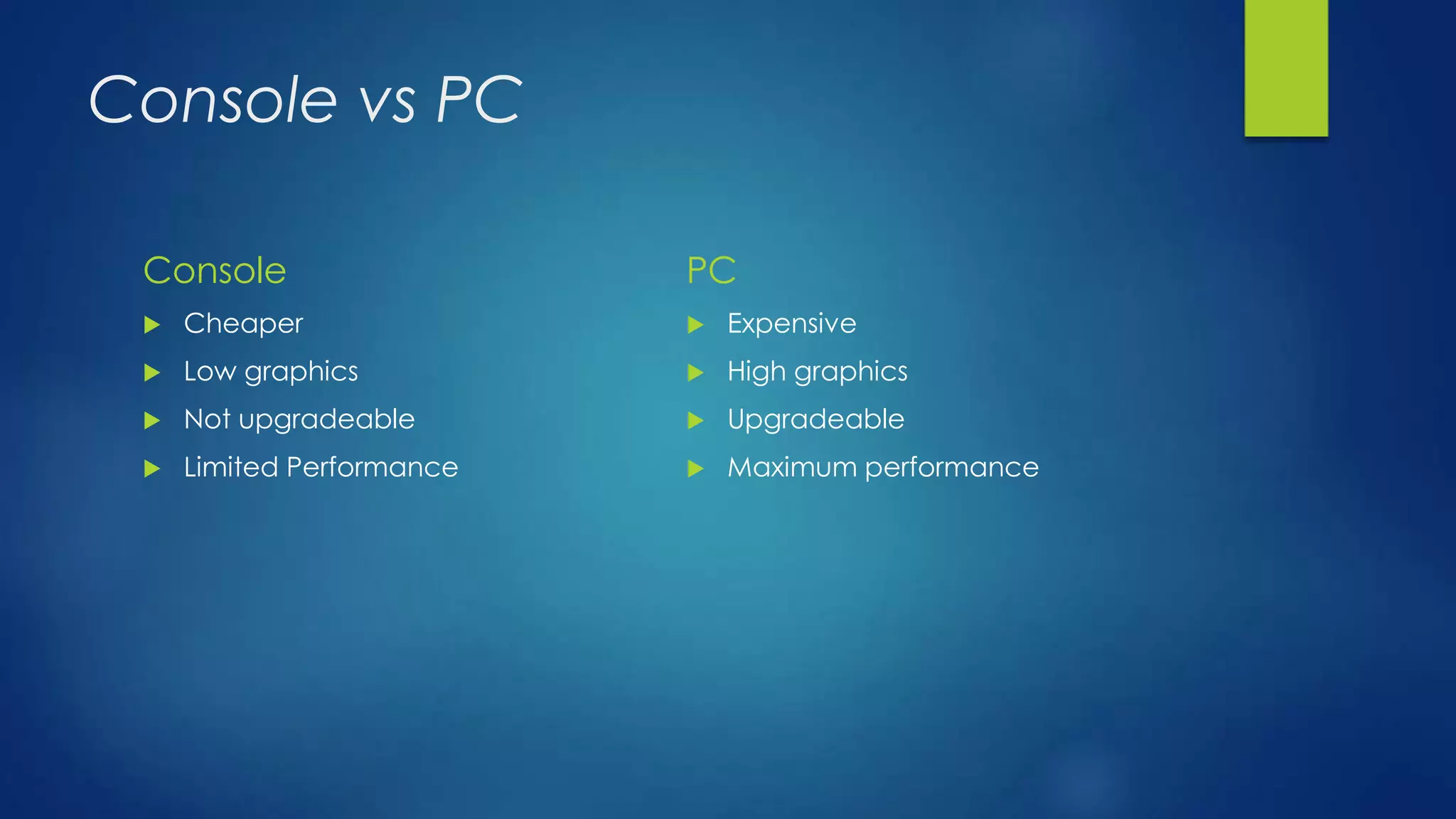 Console vs PC
Console
 Cheaper
 Low graphics
 Not upgradeable
 Limited Performance
PC
 Expensive
 High graphics
 Upgradeable
 Maximum performance
 