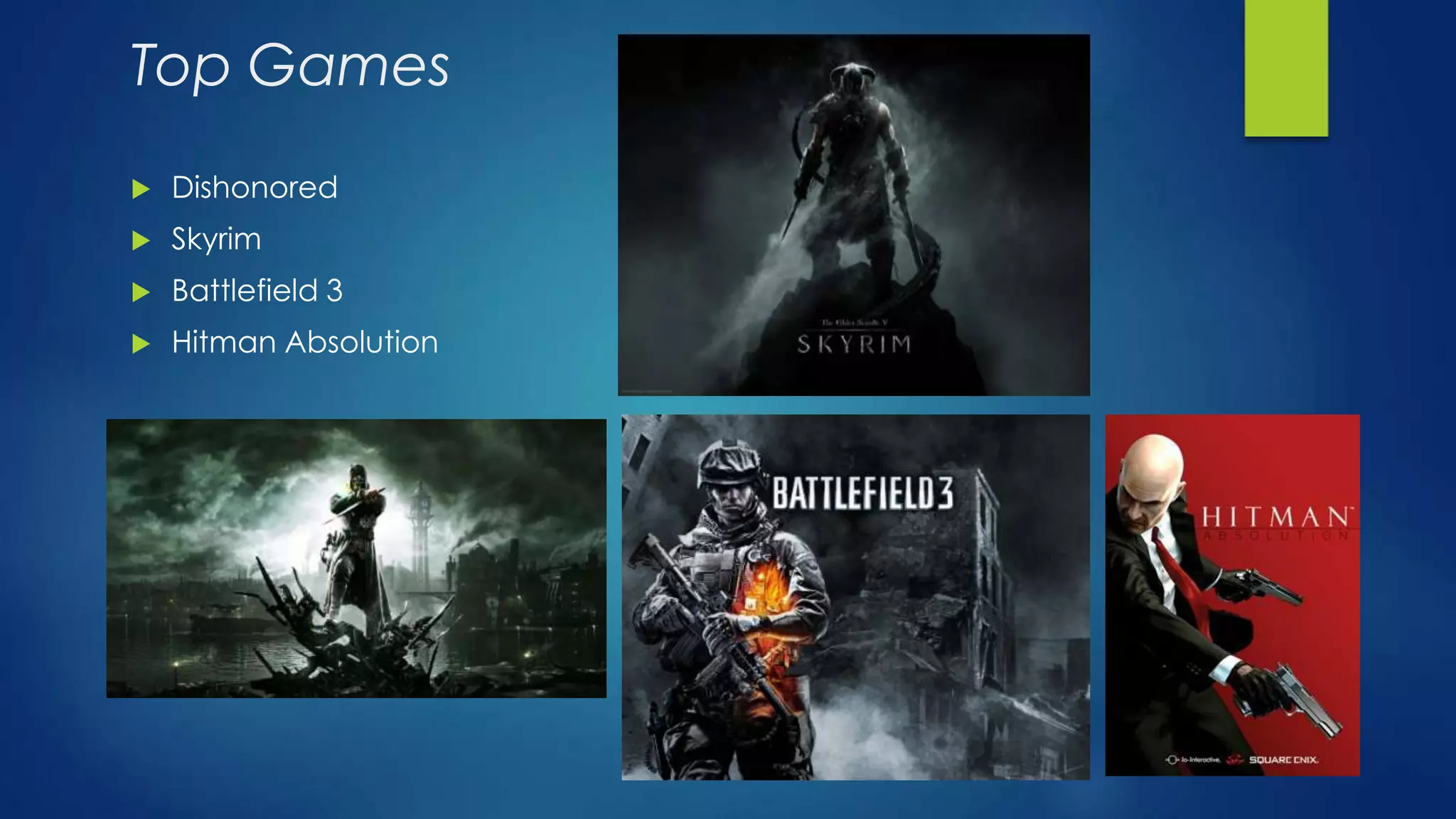 Top Games
 Dishonored
 Skyrim
 Battlefield 3
 Hitman Absolution
 