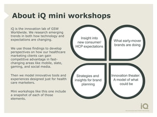 About iQ mini workshops
iQ is the innovation lab of GSW
Worldwide. We research emerging
trends in both how technology and
...