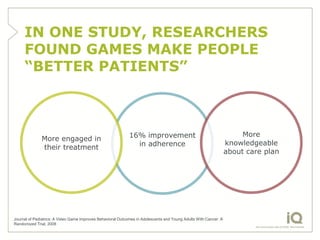 IN ONE STUDY, RESEARCHERS
     FOUND GAMES MAKE PEOPLE
     “BETTER PATIENTS”



                                                             16% improvement                                           More
              More engaged in
                                                               in adherence                                       knowledgeable
              their treatment
                                                                                                                  about care plan




Journal of Pediatrics: A Video Game Improves Behavioral Outcomes in Adolescents and Young Adults With Cancer: A
Randomized Trial, 2008
 