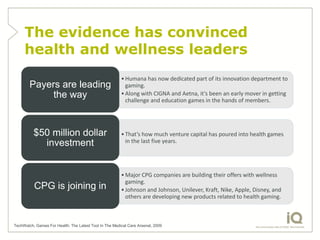 The evidence has convinced
     health and wellness leaders
                                                        • Humana has now dedicated part of its innovation department to
        Payers are leading                                gaming.
             the way                                    • Along with CIGNA and Aetna, it’s been an early mover in getting
                                                          challenge and education games in the hands of members.




          $50 million dollar                            • That’s how much venture capital has poured into health games
            investment                                    in the last five years.




                                                        • Major CPG companies are building their offers with wellness
                                                          gaming.
          CPG is joining in                             • Johnson and Johnson, Unilever, Kraft, Nike, Apple, Disney, and
                                                          others are developing new products related to health gaming.



TechWatch, Games For Health: The Latest Tool In The Medical Care Arsenal, 2009
 