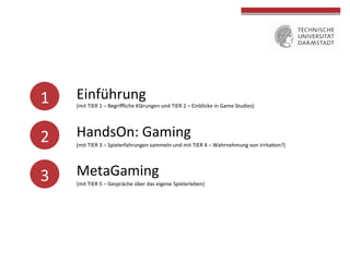 1	
  
2	
  
3	
  
Einführung	
  
(mit	
  TIER	
  1	
  –	
  Begriﬄiche	
  Klärungen	
  und	
  TIER	
  2	
  –	
  Einblicke	
  in	
  Game	
  Studies)	
  
	
  	
  
HandsOn:	
  Gaming	
  
(mit	
  TIER	
  3	
  –	
  Spielerfahrungen	
  sammeln	
  und	
  mit	
  TIER	
  4	
  –	
  Wahrnehmung	
  von	
  IrritaTon?)	
  
	
  	
  
MetaGaming	
  
(mit	
  TIER	
  5	
  –	
  Gespräche	
  über	
  das	
  eigene	
  Spielerleben)	
  
	
  
	
  
 
