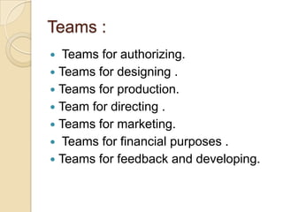 Teams :
 Teams for authorizing.
 Teams for designing .
 Teams for production.
 Team for directing .
 Teams for marketing.
 Teams for financial purposes .
 Teams for feedback and developing.
 