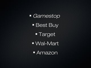 GamestopGamestop
Best BuyBest Buy
TargetTarget
Wal-MartWal-Mart
AmazonAmazon
 