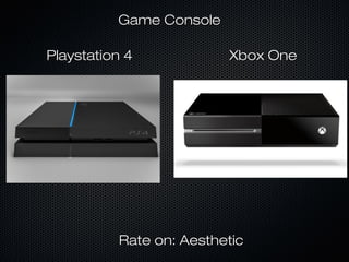Rate on: AestheticRate on: Aesthetic
Playstation 4Playstation 4 Xbox OneXbox One
Game ConsoleGame Console
 