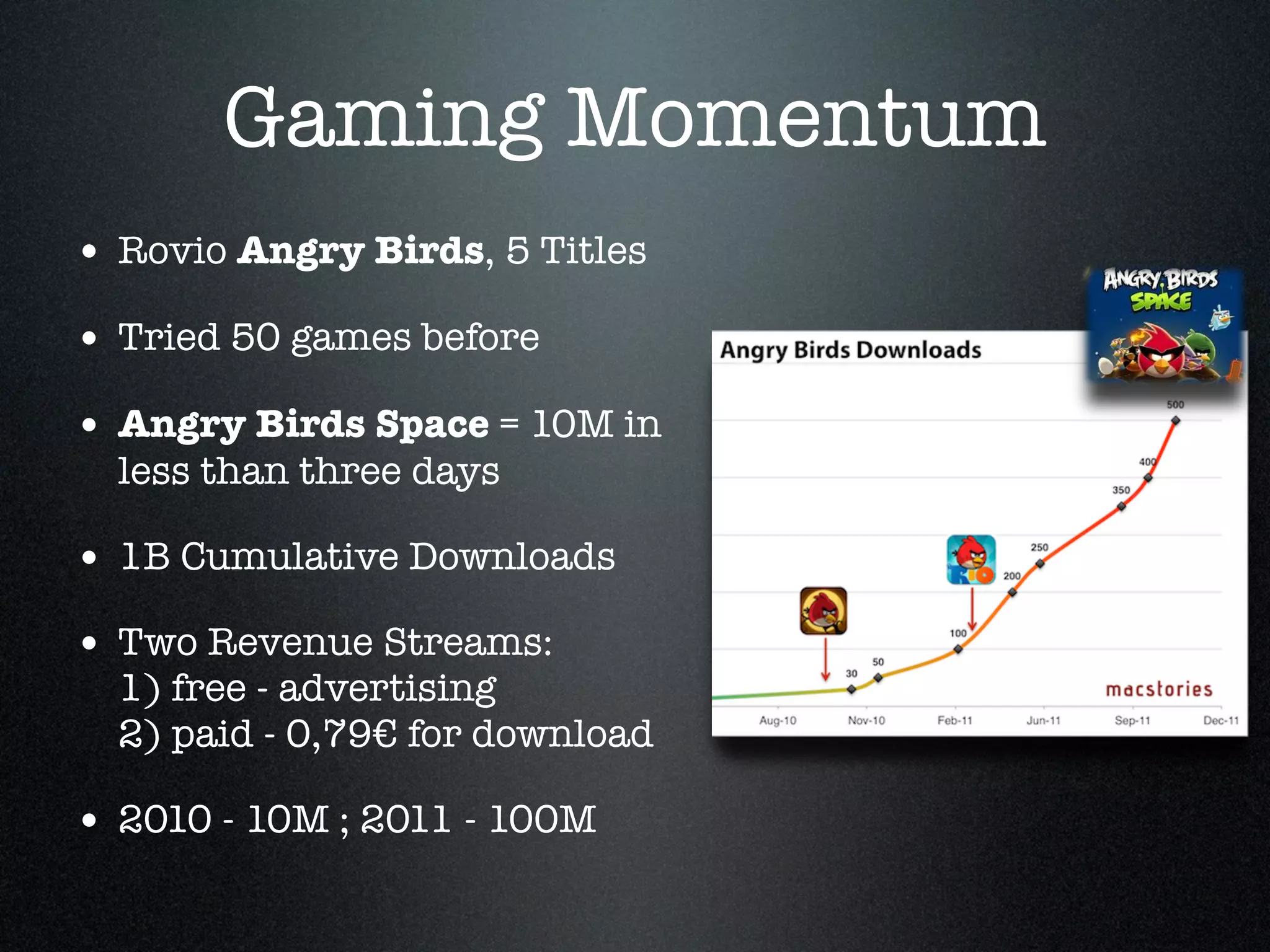 Gaming Momentum
• Rovio Angry Birds, 5 Titles!
• Tried 50 games before!
• Angry Birds Space = 10M in
  less than three days!

• 1B Cumulative Downloads!
• Two Revenue Streams:
  1) free - advertising
  2) paid - 0,79€ for download !

• 2010 - 10M ; 2011 - 100M
 