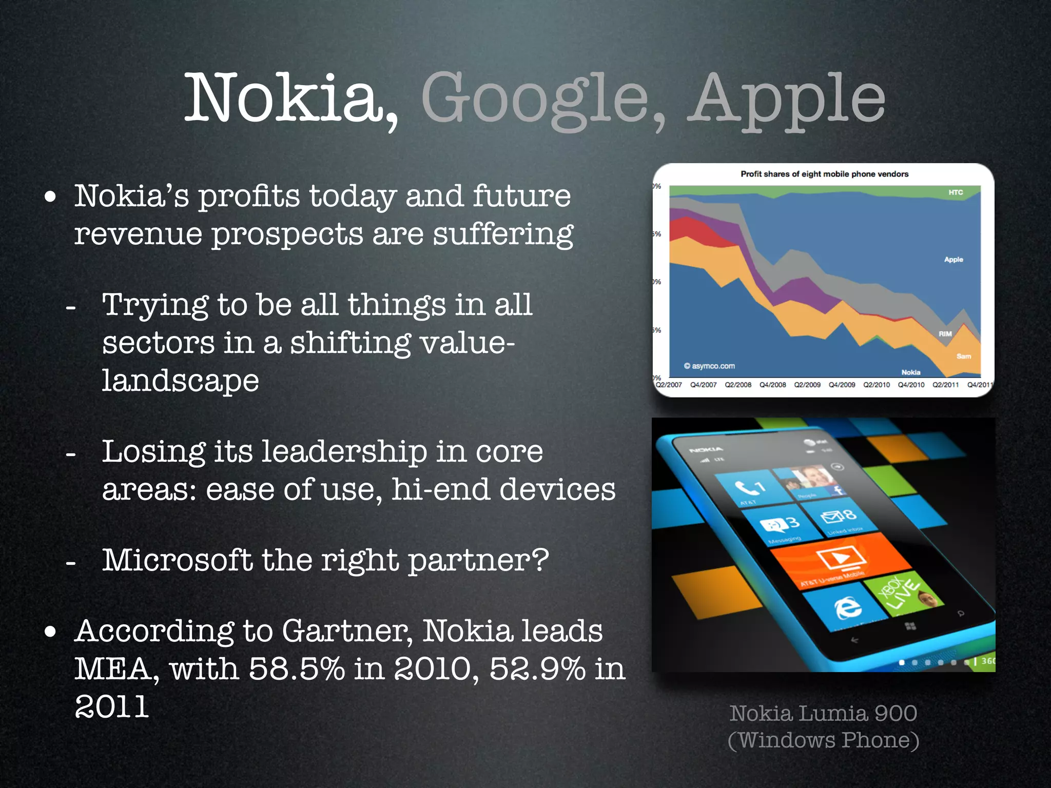 Nokia, Google, Apple
• Nokia’s proﬁts today and future
  revenue prospects are suffering!

 - Trying to be all things in all
    sectors in a shifting value-
    landscape!

 - Losing its leadership in core
    areas: ease of use, hi-end devices!

 - Microsoft the right partner? !
• According to Gartner, Nokia leads
  MEA, with 58.5% in 2010, 52.9% in
  2011                                    Nokia Lumia 900!
                                          (Windows Phone)
 