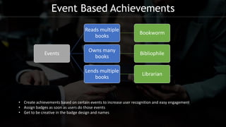 Event Based Achievements
Events
Reads multiple
books
Bookworm
Owns many
books
Bibliophile
Lends multiple
books
Librarian
• Create achievements based on certain events to increase user recognition and easy engagement
• Assign badges as soon as users do those events
• Get to be creative in the badge design and names
 