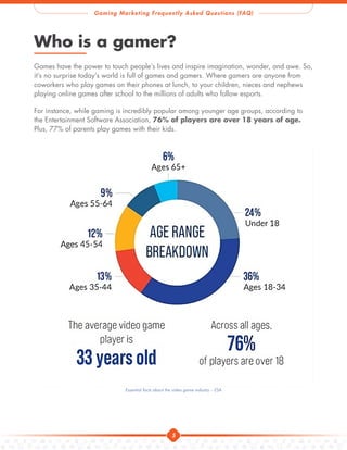 5
Gaming Marketing Frequently Asked Questions (FAQ)
Who is a gamer?
Games have the power to touch people’s lives and inspire imagination, wonder, and awe. So,
it’s no surprise today’s world is full of games and gamers. Where gamers are anyone from
coworkers who play games on their phones at lunch, to your children, nieces and nephews
playing online games after school to the millions of adults who follow esports.
For instance, while gaming is incredibly popular among younger age groups, according to
the Entertainment Software Association, 76% of players are over 18 years of age.
Plus, 77% of parents play games with their kids.
Essential facts about the video game industry – ESA
 