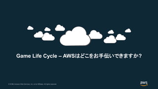 © 2018, Amazon Web Services, Inc. or its Affiliates. All rights reserved.© 2017, Amazon Web Services, Inc. or its Affiliates. All rights reserved.
Game Life Cycle – AWSはどこをお手伝いできますか?
 