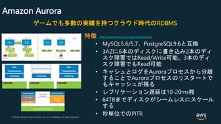 © 2018, Amazon Web Services, Inc. or its Affiliates. All rights reserved.© 2017, Amazon Web Services, Inc. or its Affiliates. All rights reserved.
Amazon Aurora
特徴 (http://aws.amazon.com/jp/rds/aurora/)
• MySQL5.6/5.7、PostgreSQL9.6と互換
• 3AZに6本のディスクに書き込み2本のディ
スク障害ではRead/Write可能。3本のディ
スク障害でもRead可能
• キャシュとログをAuroraプロセスから分離
することでAuroraプロセスのリスタートで
もキャッシュが残る
• レプリケーション遅延は10-20ms程
• 64TBまでディスクがシームレスにスケール
する
• 秒単位でのPITR
ゲームでも多數の実績を持つクラウド時代のRDBMS
 