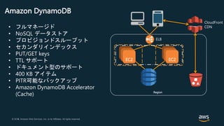 © 2018, Amazon Web Services, Inc. or its Affiliates. All rights reserved.© 2017, Amazon Web Services, Inc. or its Affiliates. All rights reserved.
• フルマネージド
• NoSQL データストア
• プロビジョンドスループット
• セカンダリインデックス
• PUT/GET keys
• TTL サポート
• ドキュメント型のサポート
• 400 KB アイテム
• PITR可能なバックアップ
• Amazon DynamoDB Accelerator
(Cache)
ELB
Region
CloudFront
CDN
Amazon DynamoDB
 
