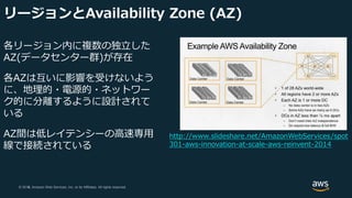 © 2018, Amazon Web Services, Inc. or its Affiliates. All rights reserved.© 2017, Amazon Web Services, Inc. or its Affiliates. All rights reserved.
リージョンとAvailability Zone (AZ)
各リージョン内に複数の独立した
AZ(データセンター群)が存在
各AZは互いに影響を受けないよう
に、地理的・電源的・ネットワー
ク的に分離するように設計されて
いる
AZ間は低レイテンシーの高速専用
線で接続されている
http://www.slideshare.net/AmazonWebServices/spot
301-aws-innovation-at-scale-aws-reinvent-2014
 