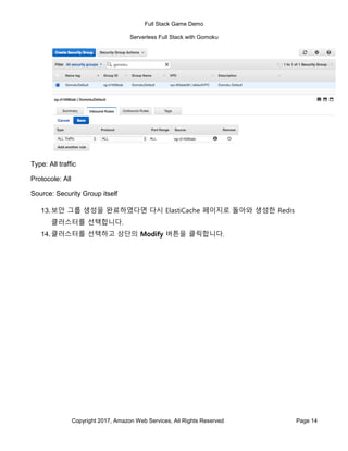 Full Stack Game Demo
Serverless Full Stack with Gomoku
Copyright 2017, Amazon Web Services, All Rights Reserved Page 14
Type: All traffic
Protocole: All
Source: Security Group itself
13.보안 그룹 생성을 완료하였다면 다시 ElastiCache 페이지로 돌아와 생성한 Redis
클러스터를 선택합니다.
14.클러스터를 선택하고 상단의 Modify 버튼을 클릭합니다.
 