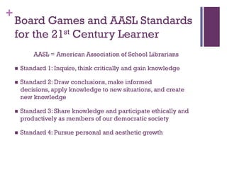 +
    Board Games and AASL Standards
    for the 21st Century Learner
            AASL = American Association of School Librarians

       Standard 1: Inquire, think critically and gain knowledge

       Standard 2: Draw conclusions, make informed
        decisions, apply knowledge to new situations, and create
        new knowledge

       Standard 3: Share knowledge and participate ethically and
        productively as members of our democratic society

       Standard 4: Pursue personal and aesthetic growth
 