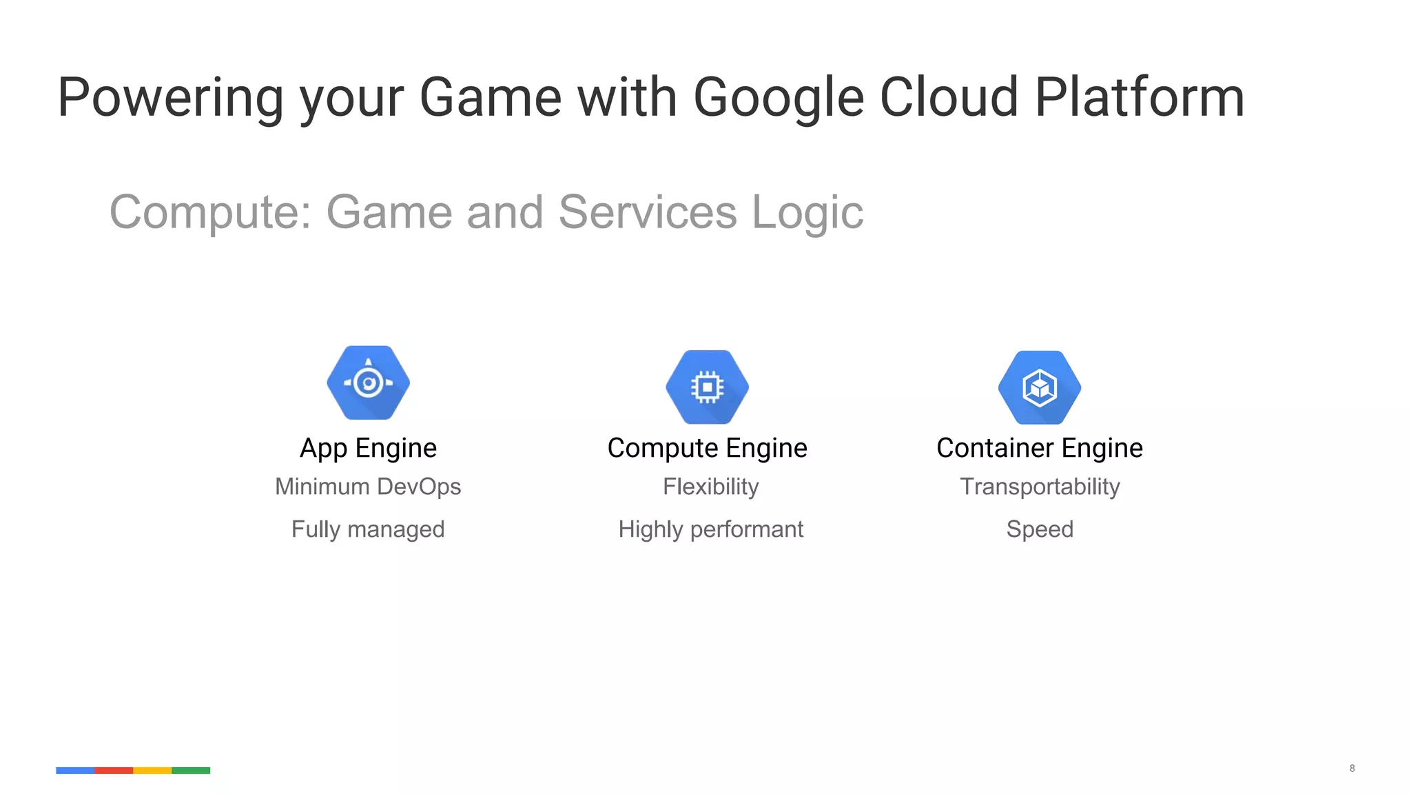 8
Powering your Game with Google Cloud Platform
App Engine Compute Engine
Minimum DevOps
Fully managed
Flexibility
Highly performant
Compute: Game and Services Logic
Container Engine
Transportability
Speed
 