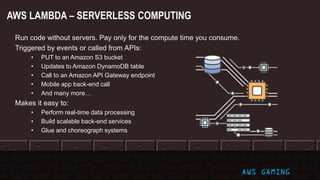 Run code without servers. Pay only for the compute time you consume.
Triggered by events or called from APIs:
• PUT to an Amazon S3 bucket
• Updates to Amazon DynamoDB table
• Call to an Amazon API Gateway endpoint
• Mobile app back-end call
• And many more…
Makes it easy to:
• Perform real-time data processing
• Build scalable back-end services
• Glue and choreograph systems
AWS LAMBDA – SERVERLESS COMPUTING
AWS GAMING
 