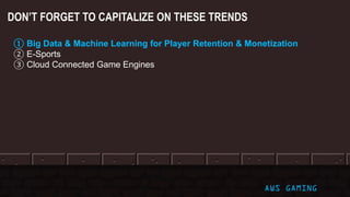 DON’T FORGET TO CAPITALIZE ON THESE TRENDS
① Big Data & Machine Learning for Player Retention & Monetization
② E-Sports
③ Cloud Connected Game Engines
AWS GAMING
 