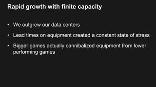 Rapid growth with finite capacity
• We outgrew our data centers
• Lead times on equipment created a constant state of stress
• Bigger games actually cannibalized equipment from lower
performing games
 