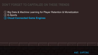DON’T FORGET TO CAPITALIZE ON THESE TRENDS
① Big Data & Machine Learning for Player Retention & Monetization
② E-Sports
③ Cloud Connected Game Engines
AWS GAMING
 