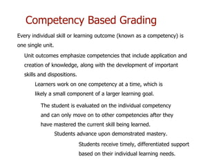 Competency Based Grading
The student is evaluated on the individual competency
and can only move on to other competencies after they
have mastered the current skill being learned.
Unit outcomes emphasize competencies that include application and
creation of knowledge, along with the development of important
skills and dispositions.
Every individual skill or learning outcome (known as a competency) is
one single unit.
Learners work on one competency at a time, which is
likely a small component of a larger learning goal.
Students advance upon demonstrated mastery.
Students receive timely, differentiated support
based on their individual learning needs.
 
