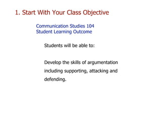 1. Start With Your Class Objective
Students will be able to:
Develop the skills of argumentation
including supporting, attacking and
defending.
Communication Studies 104
Student Learning Outcome
 